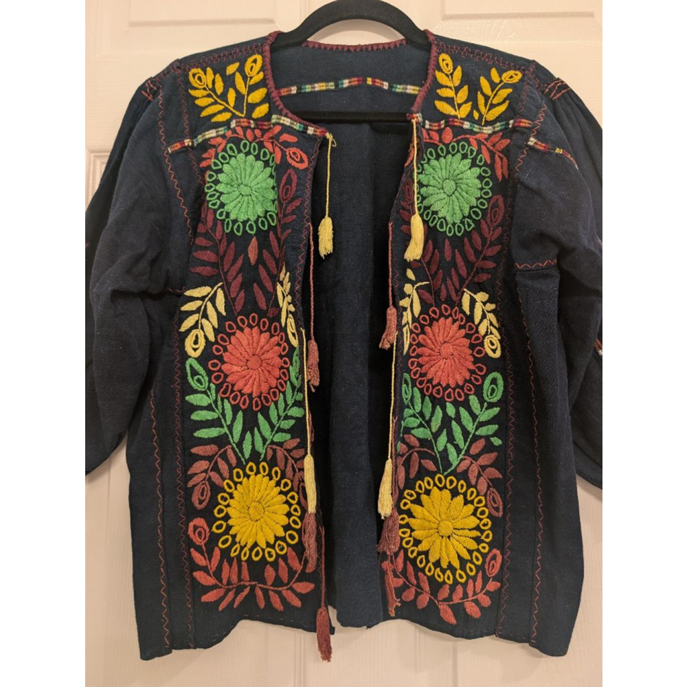 Vintage Indigo Boho Otomi Embroidered Floral Tassel Artisanal Ethnic Hippie Top - Picture 2 of 8